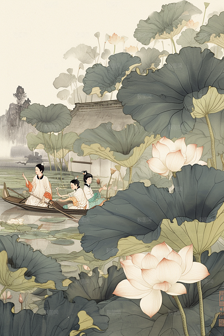 夏日赏荷夏天中国风插画