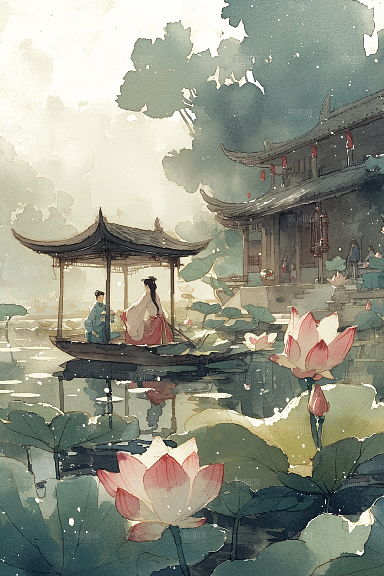 夏日赏荷乘船高清插画