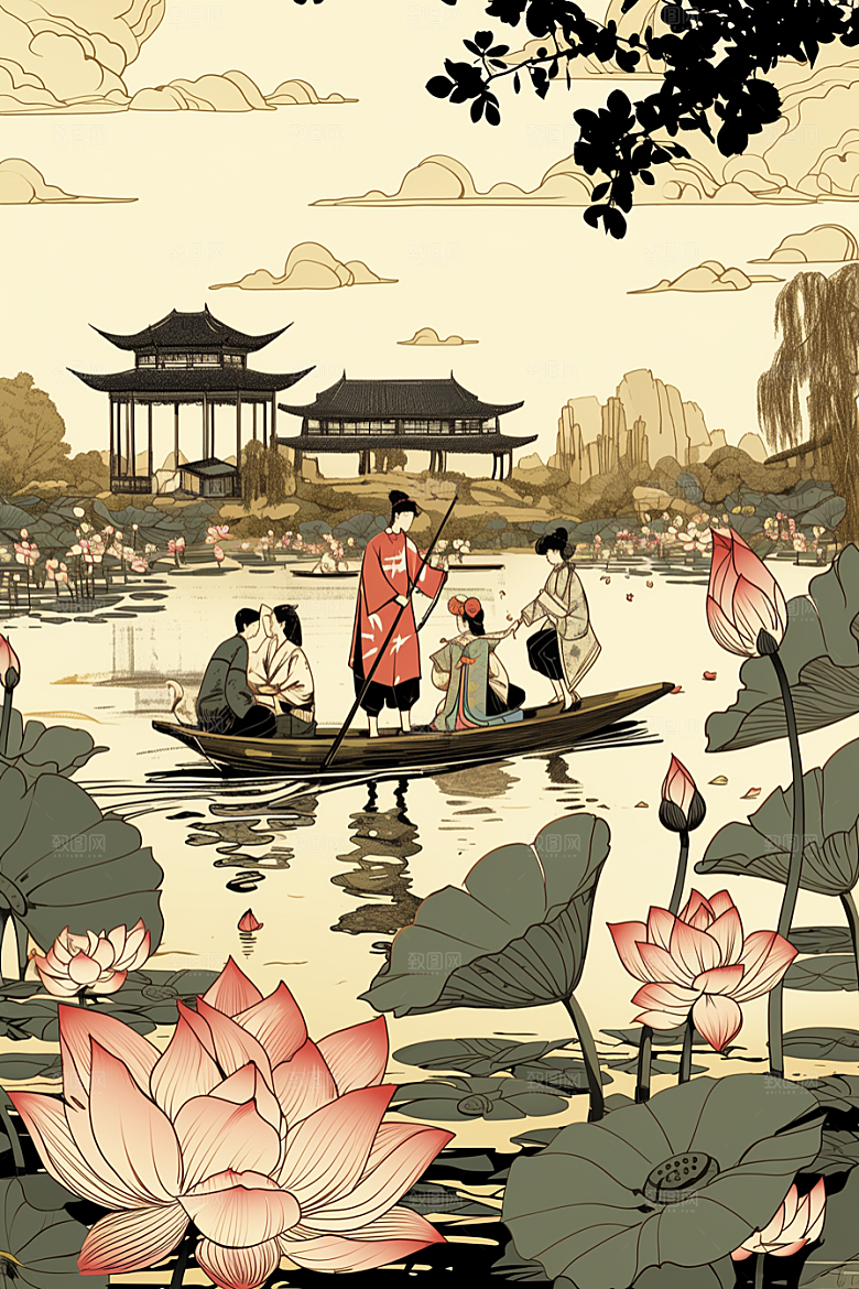 夏日赏荷景色赏花插画