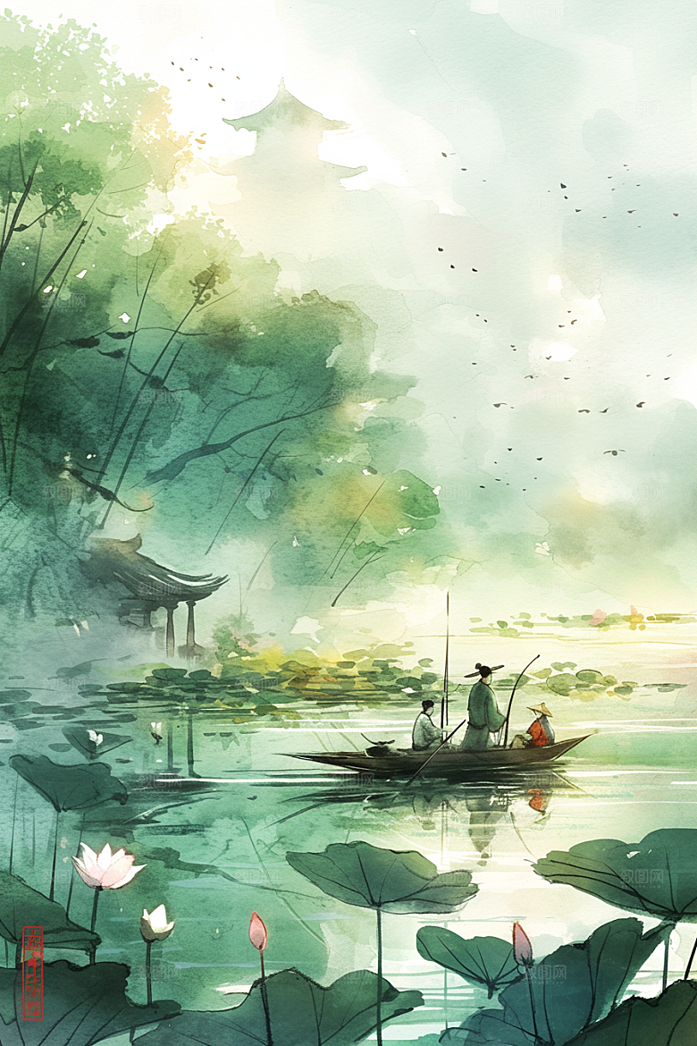 夏日赏荷景色中国风插画