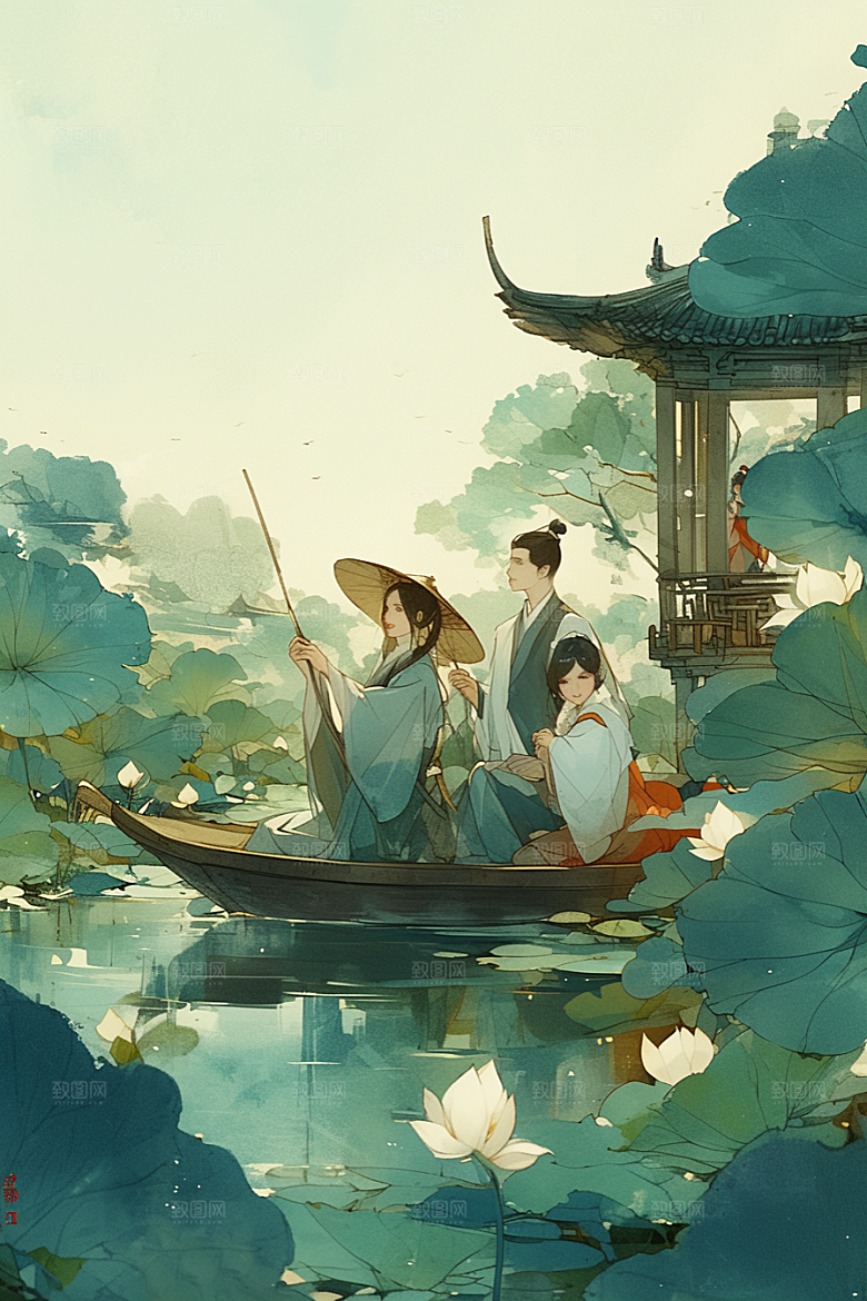 夏日赏荷池塘高清插画