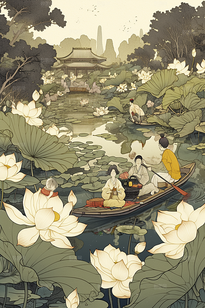 夏日赏荷中国风夏天插画