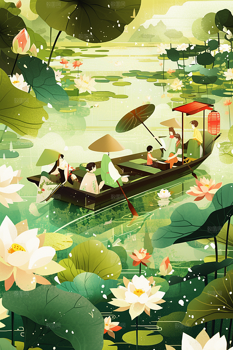 夏日赏荷游船夏季插画