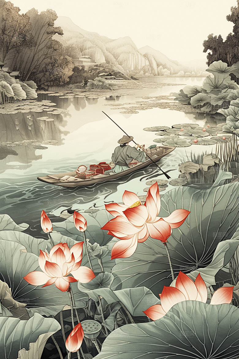 夏日赏荷夏天美景插画