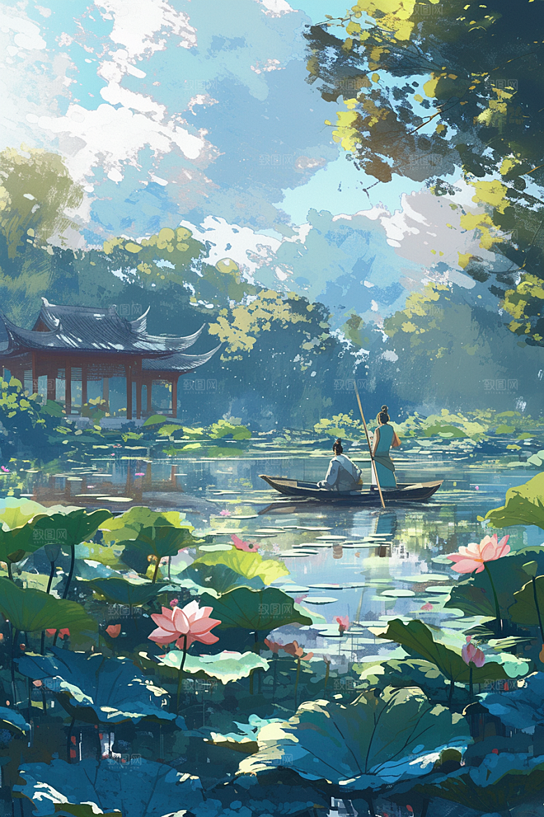 夏日赏荷夏天中国风插画
