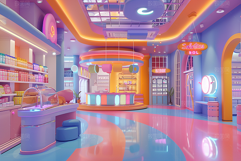 商铺街道3D彩色电商背景