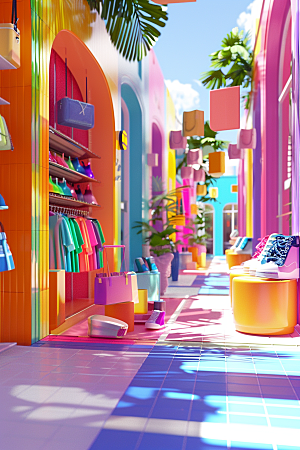 商铺街道3D彩色电商背景