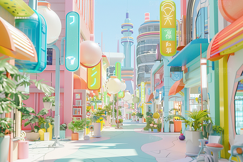 商铺街道彩色C4D电商背景