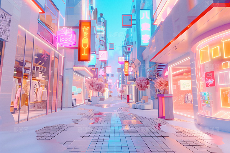 商铺街道彩色卡通电商背景
