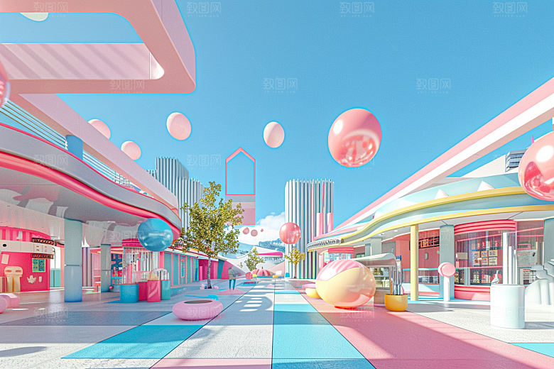 商铺街道卡通模型电商背景