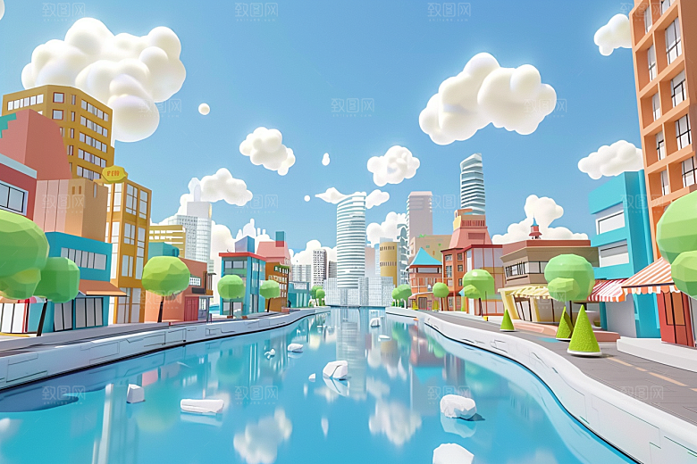 商铺街道彩色卡通电商背景