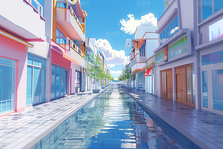 商铺街道3D卡通电商背景