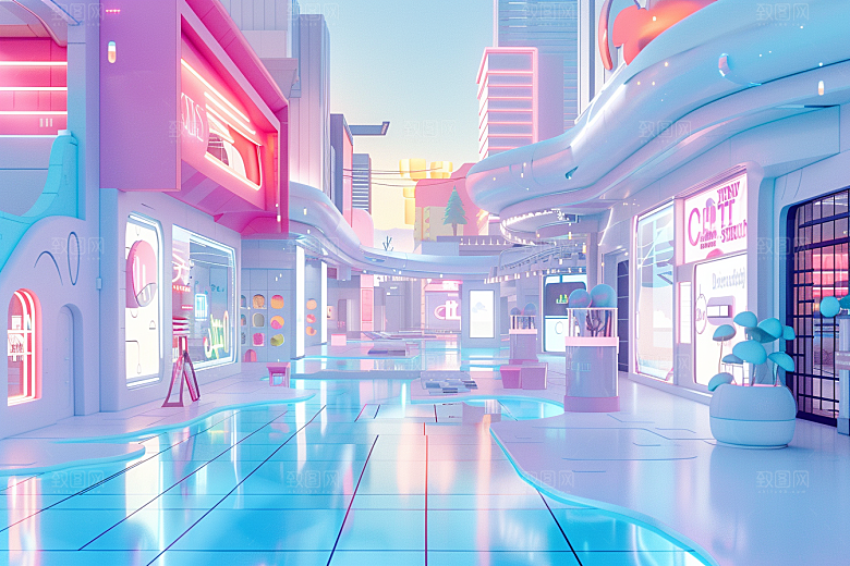商铺街道卡通C4D电商背景