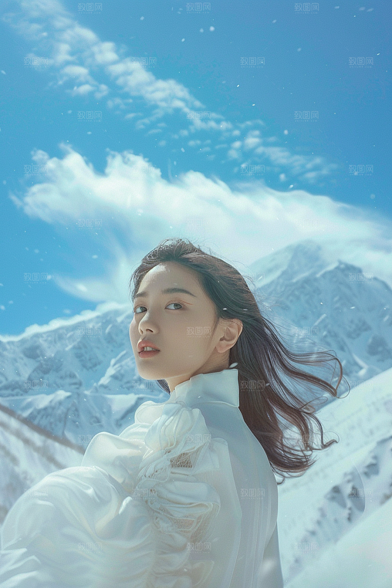赏雪人像冬装户外摄影图