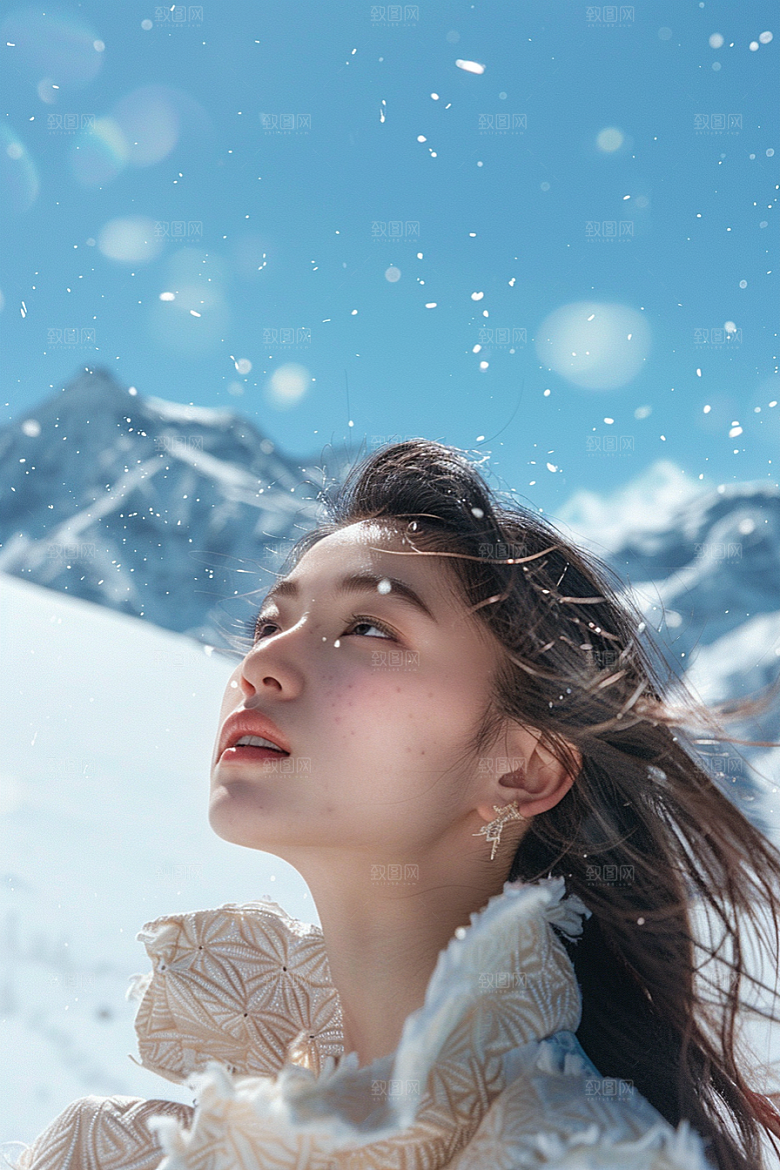赏雪人像户外冬装摄影图