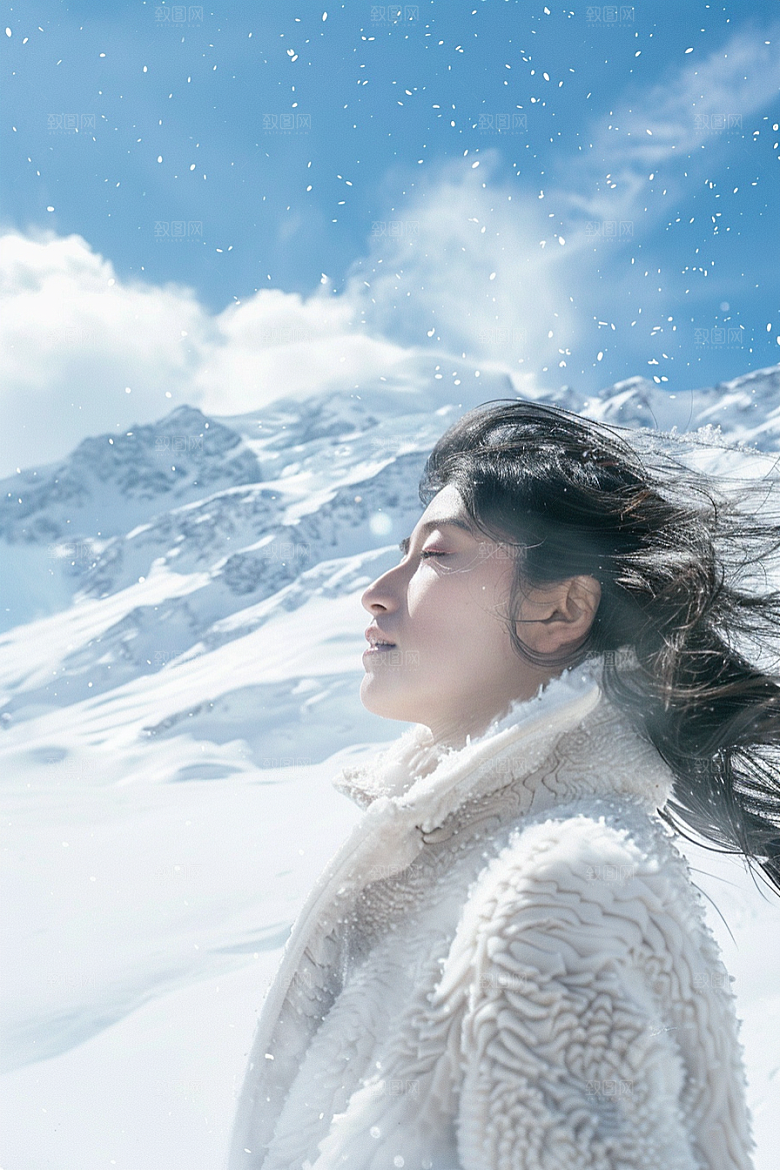 赏雪人像冬装雪山摄影图