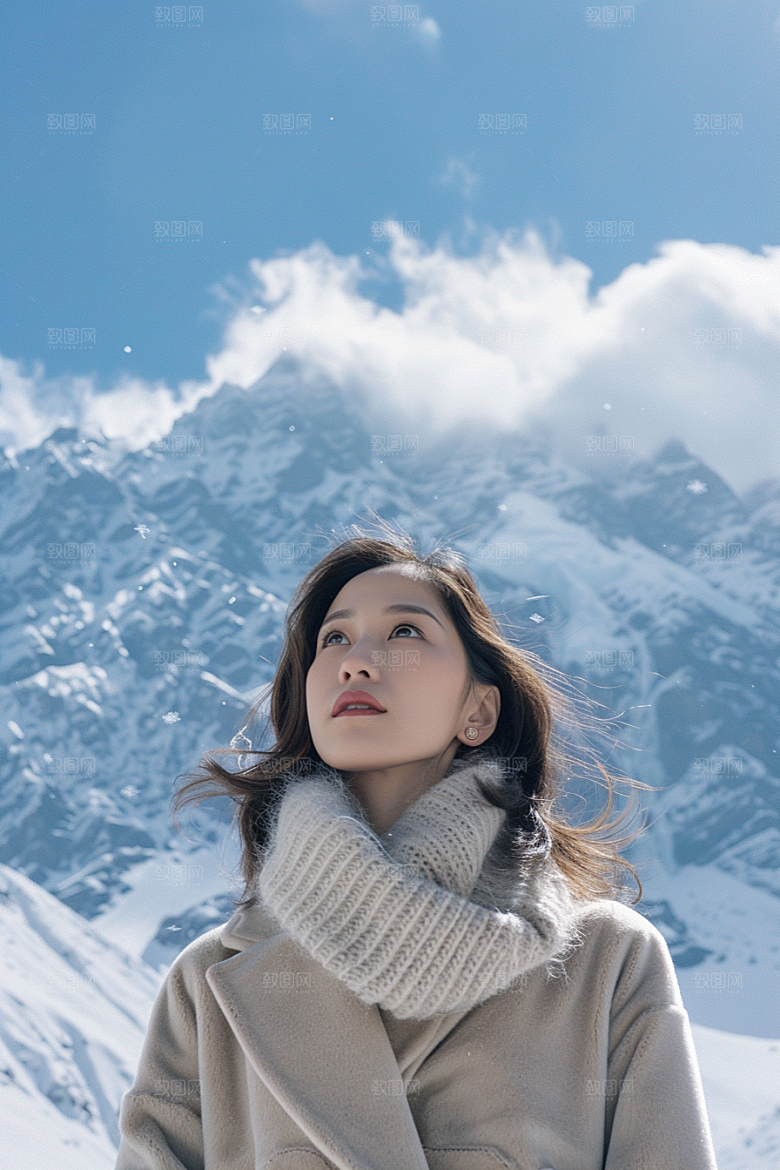 赏雪人像冬季写真摄影图