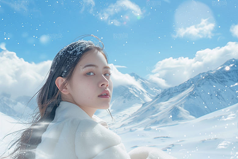 赏雪人像自然冬装摄影图