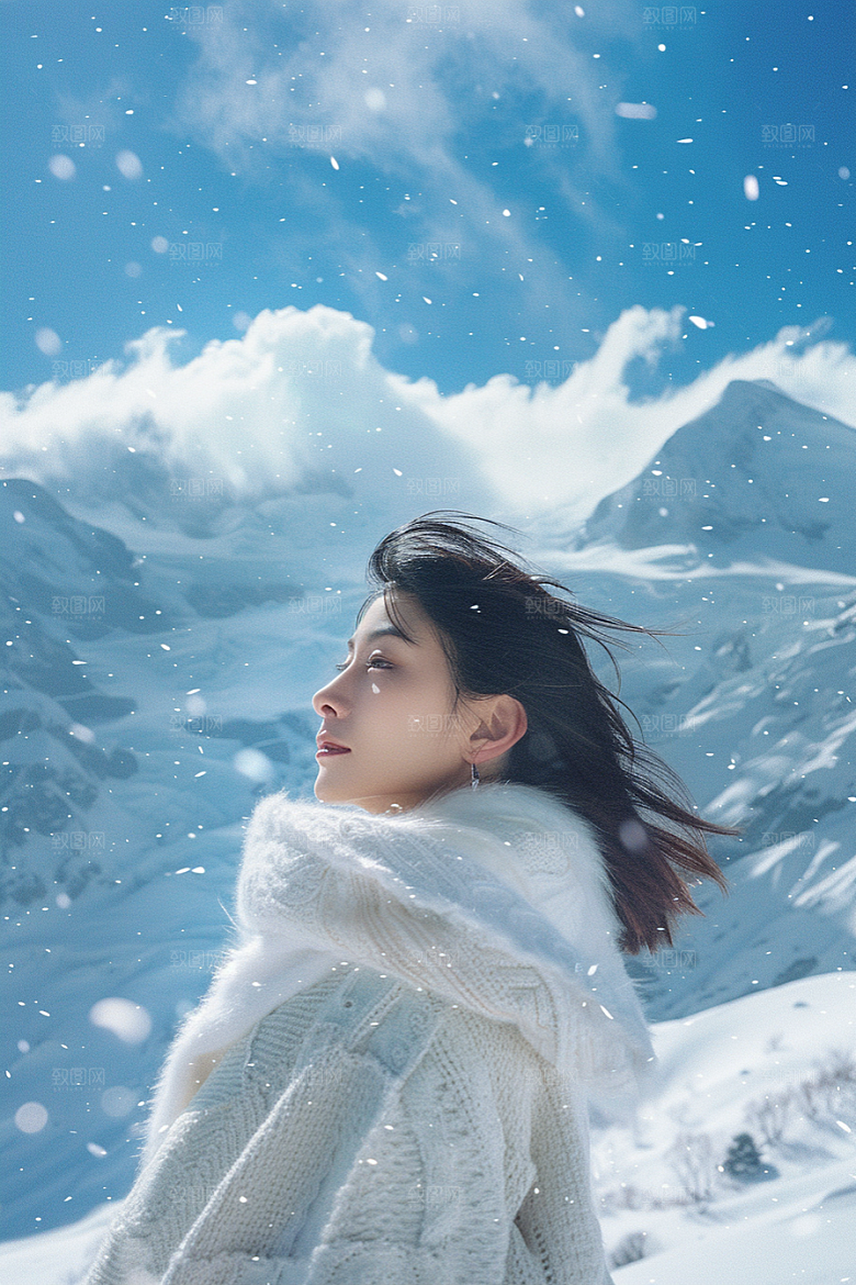 赏雪人像冬季人物摄影图