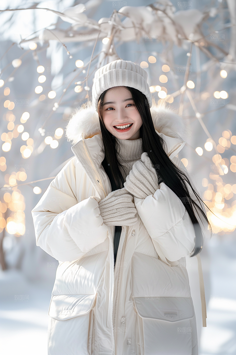 赏雪人像冬季冬装摄影图