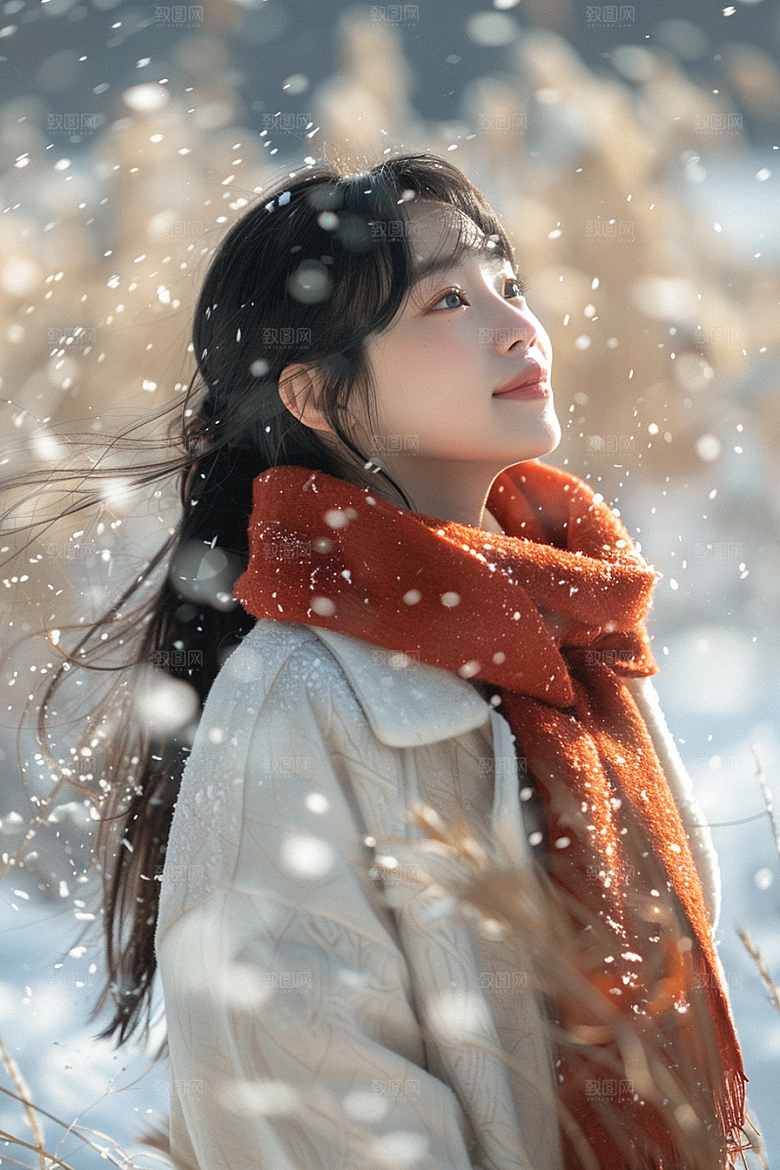 赏雪人像清新雪山摄影图