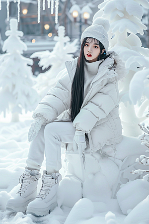 赏雪人像时尚冬装摄影图