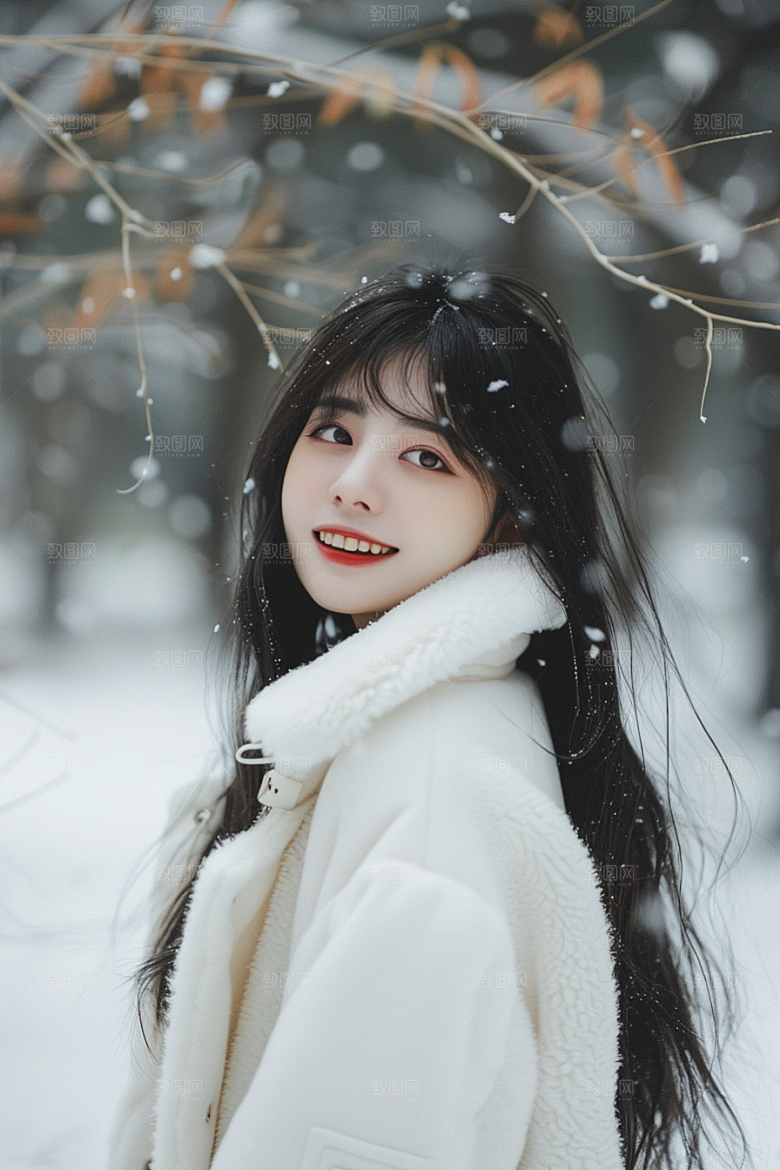 赏雪人像清新冬装摄影图