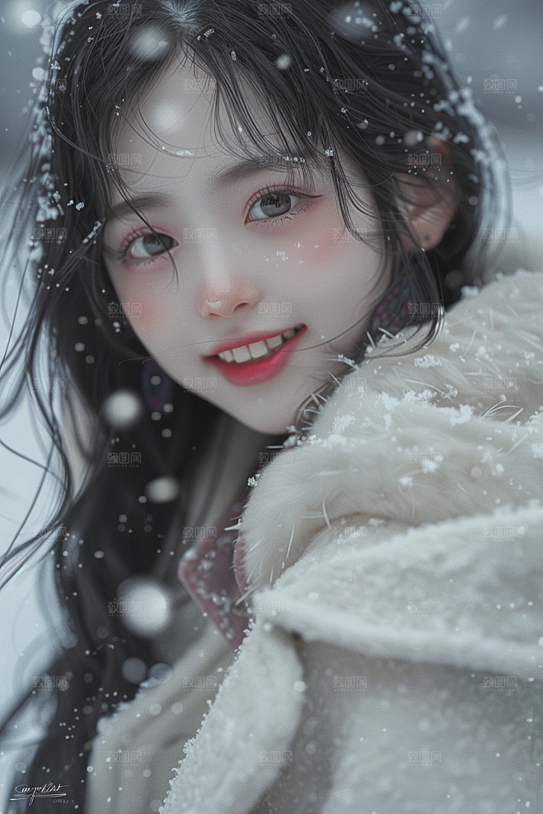 赏雪人像冬装写真摄影图