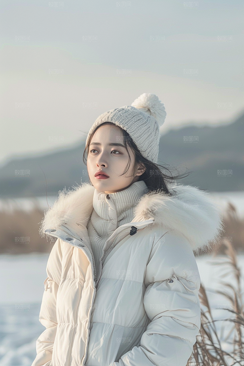 赏雪人像肖像冬装摄影图