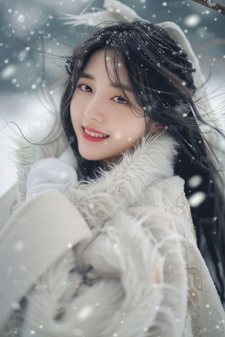 赏雪人像自然冬装摄影图