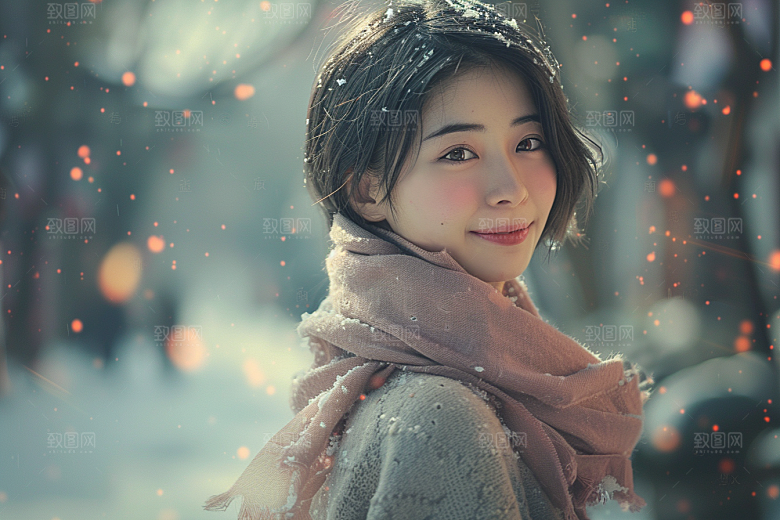 赏雪人像冬季氛围摄影图