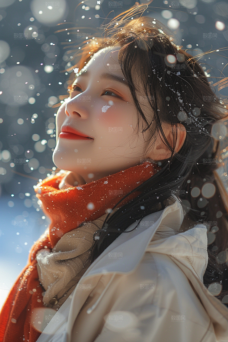 赏雪人像清新雪地摄影图