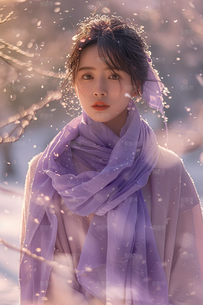 赏雪人像写真清新摄影图