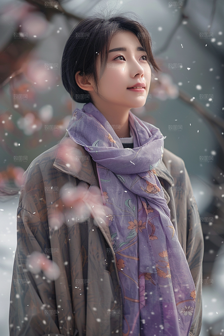 赏雪人像写真户外摄影图
