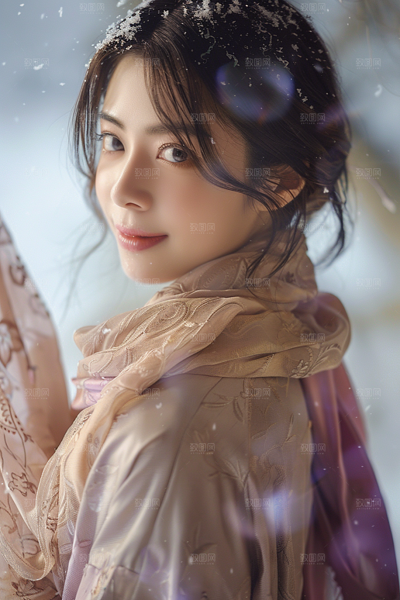 赏雪人像冬装户外摄影图
