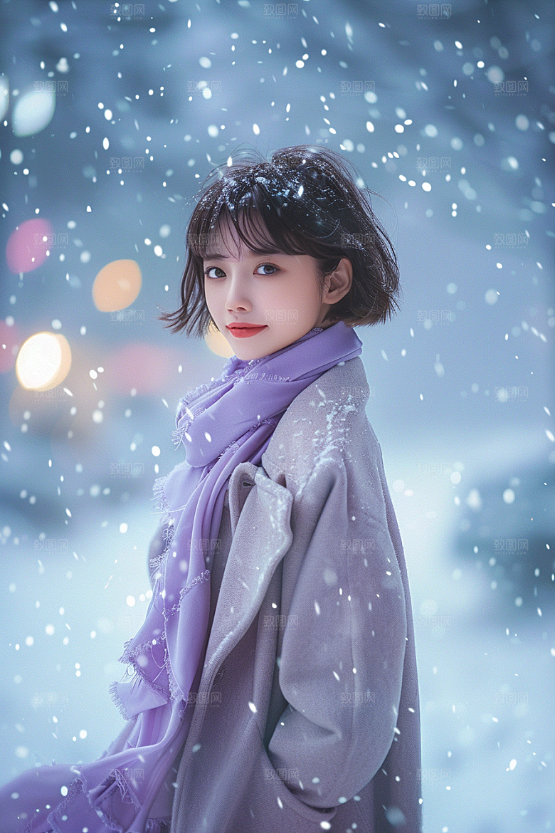 赏雪人像清新肖像摄影图