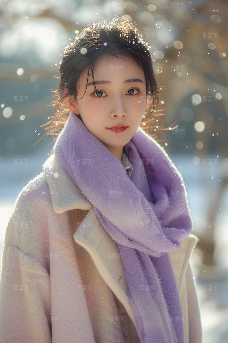 赏雪人像自然写真摄影图