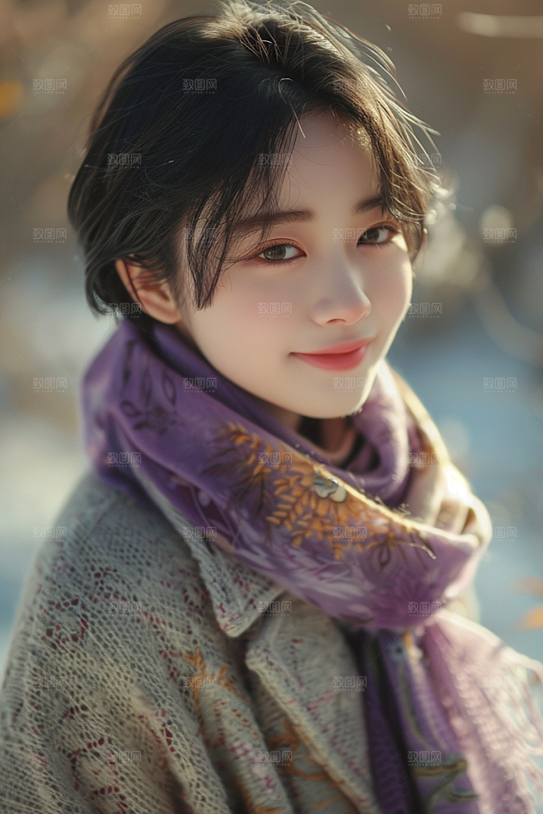 赏雪人像自然肖像摄影图