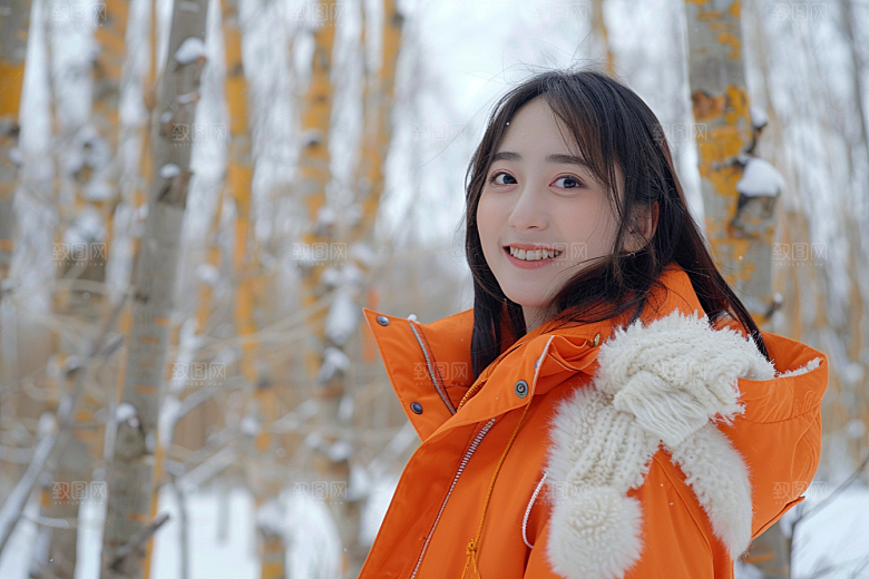 赏雪人像雪地户外摄影图