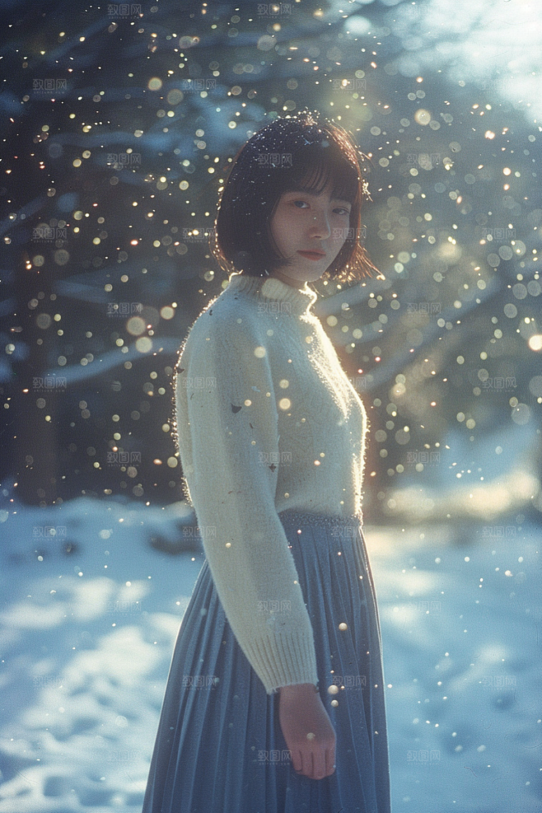 赏雪人像清新肖像摄影图