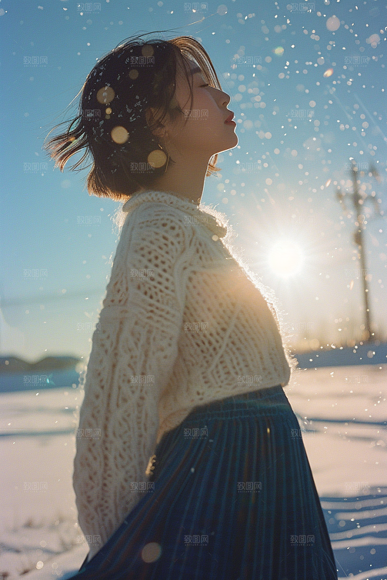 赏雪人像冬装写真摄影图