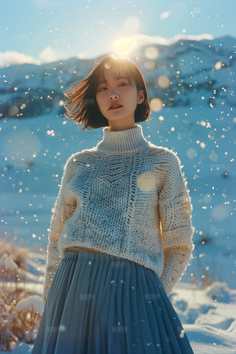 赏雪人像肖像冬装摄影图