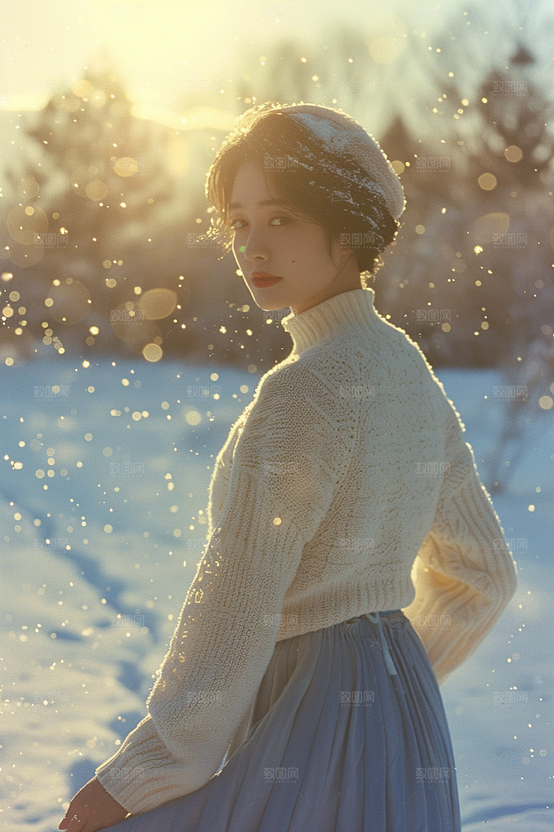 赏雪人像写真雪山摄影图