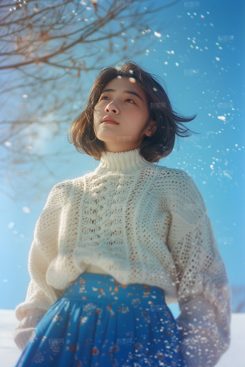 赏雪人像冬装清新摄影图