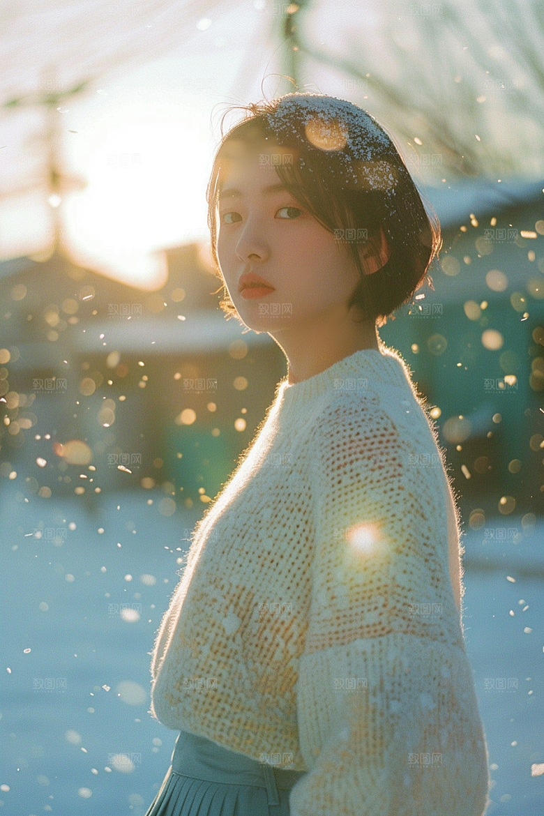 赏雪人像写真肖像摄影图