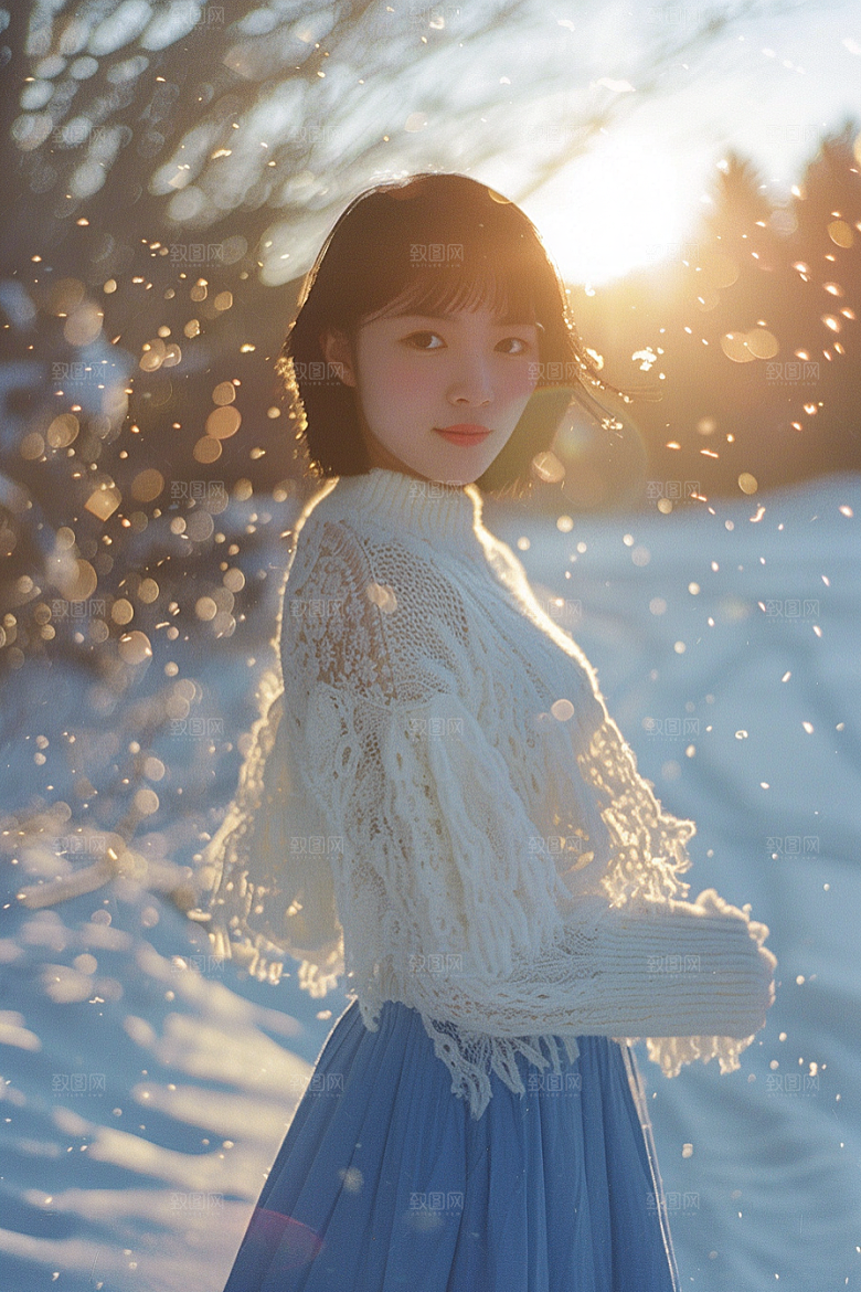 赏雪人像写真自然摄影图