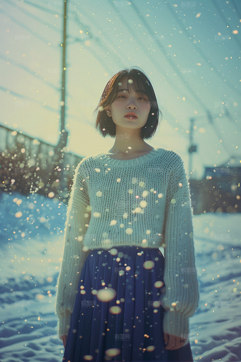 赏雪人像冬季冬装摄影图