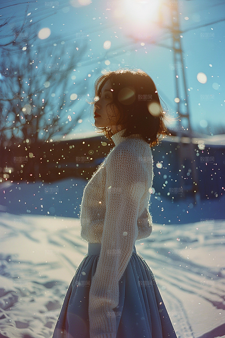 赏雪人像户外肖像摄影图