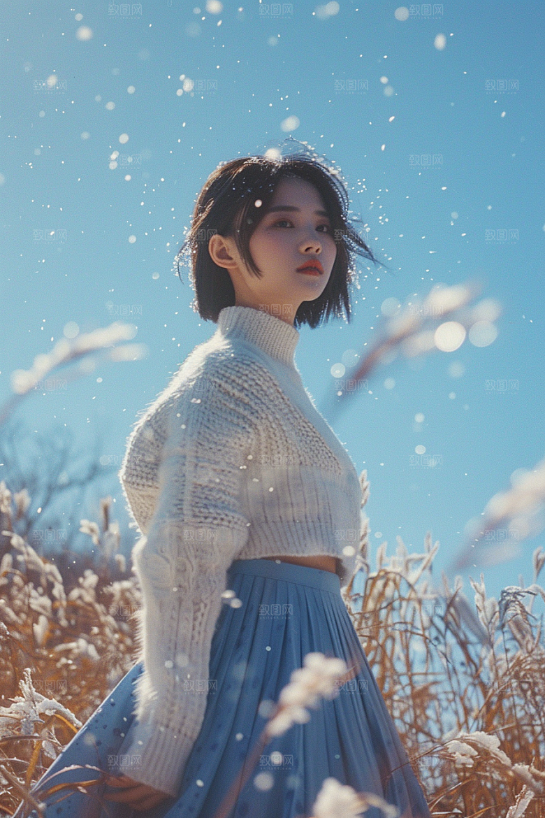 赏雪人像雪山冬季摄影图