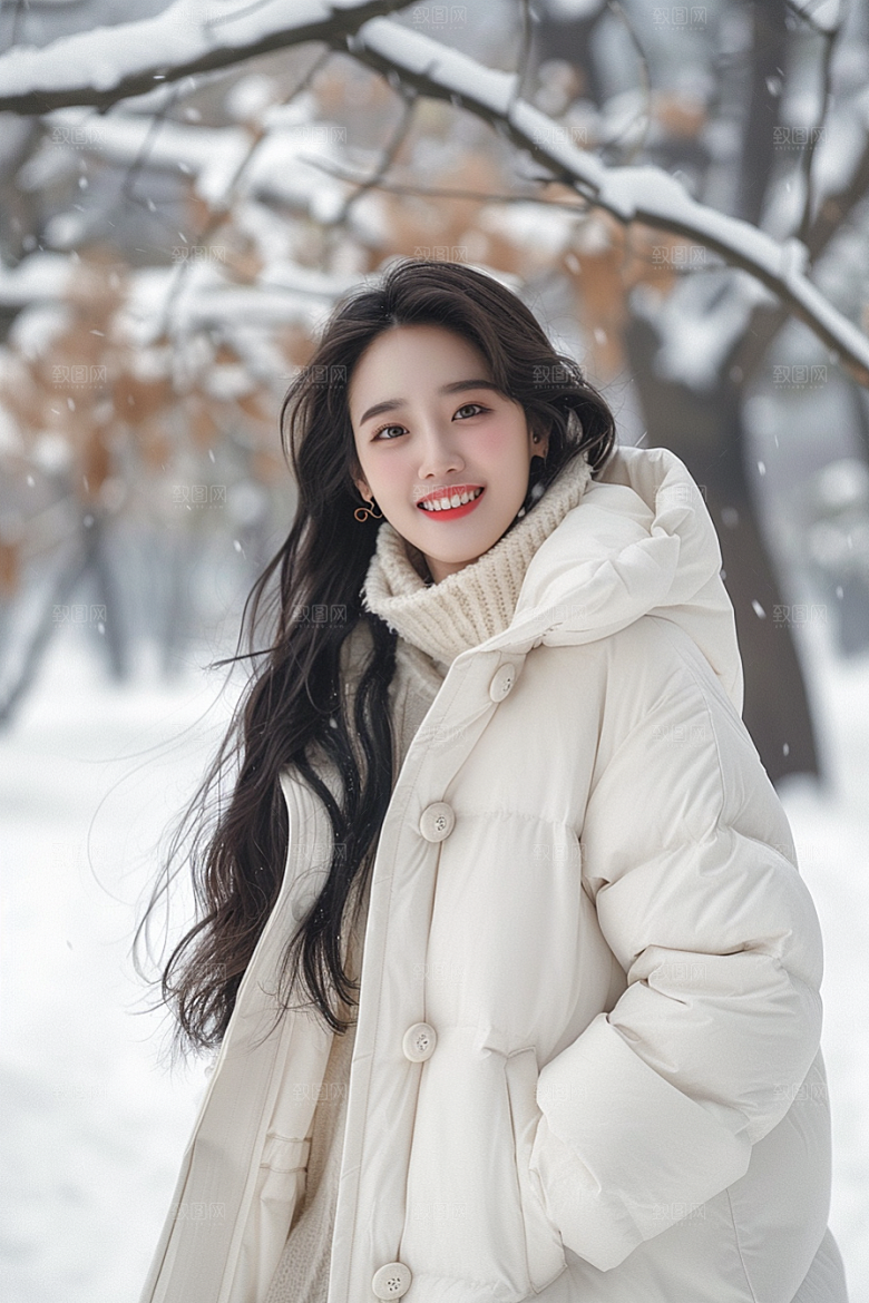 赏雪人像肖像冬装摄影图